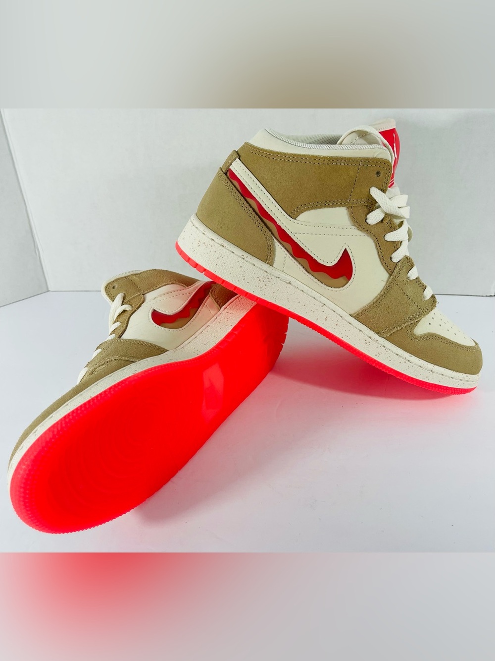 Nike Mid-Top Sneakers in Cream, Tan & Red - Picture 10 of 12